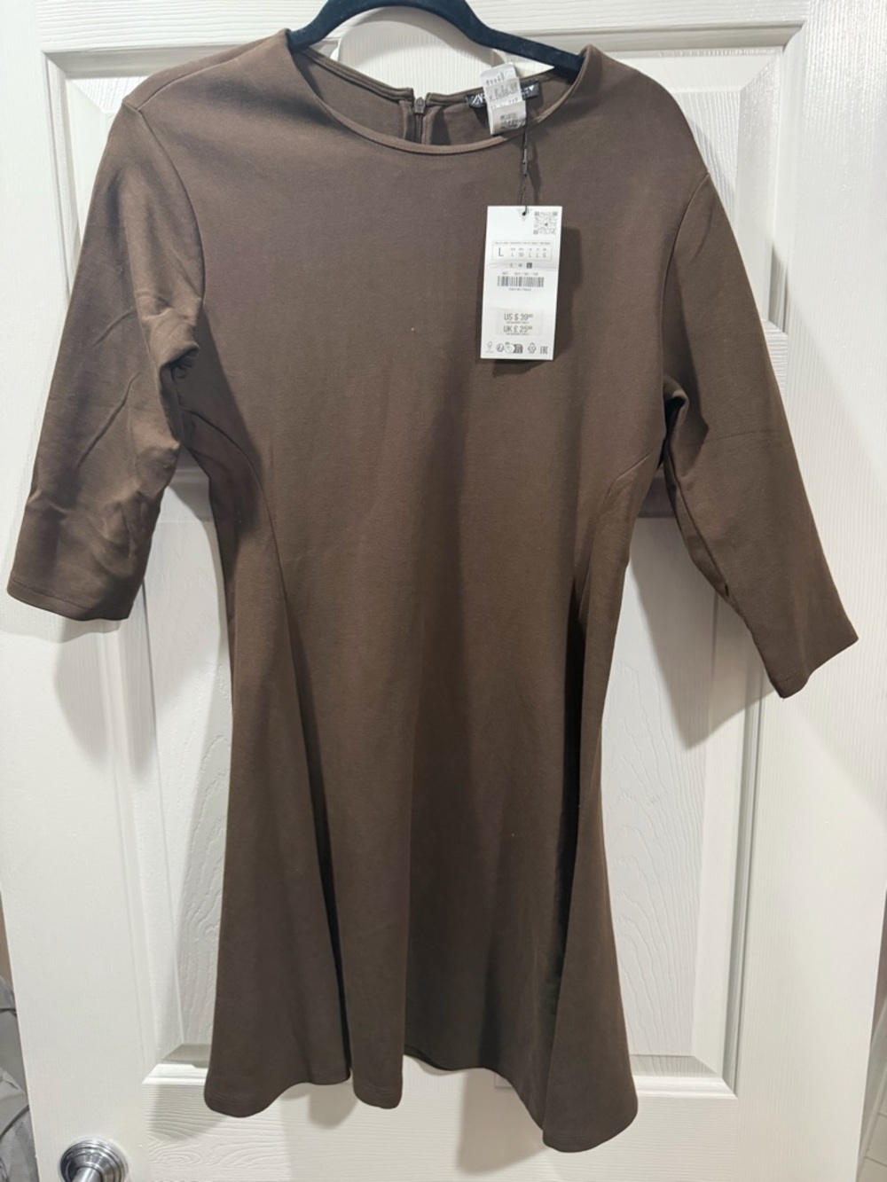Zara Brown Short-Sleeve A-Line Mini Dress